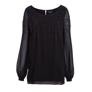 St. John Collection Black 100% Silk Beaded Chiffon Blouse Sheer Scoop Neck Sz 2